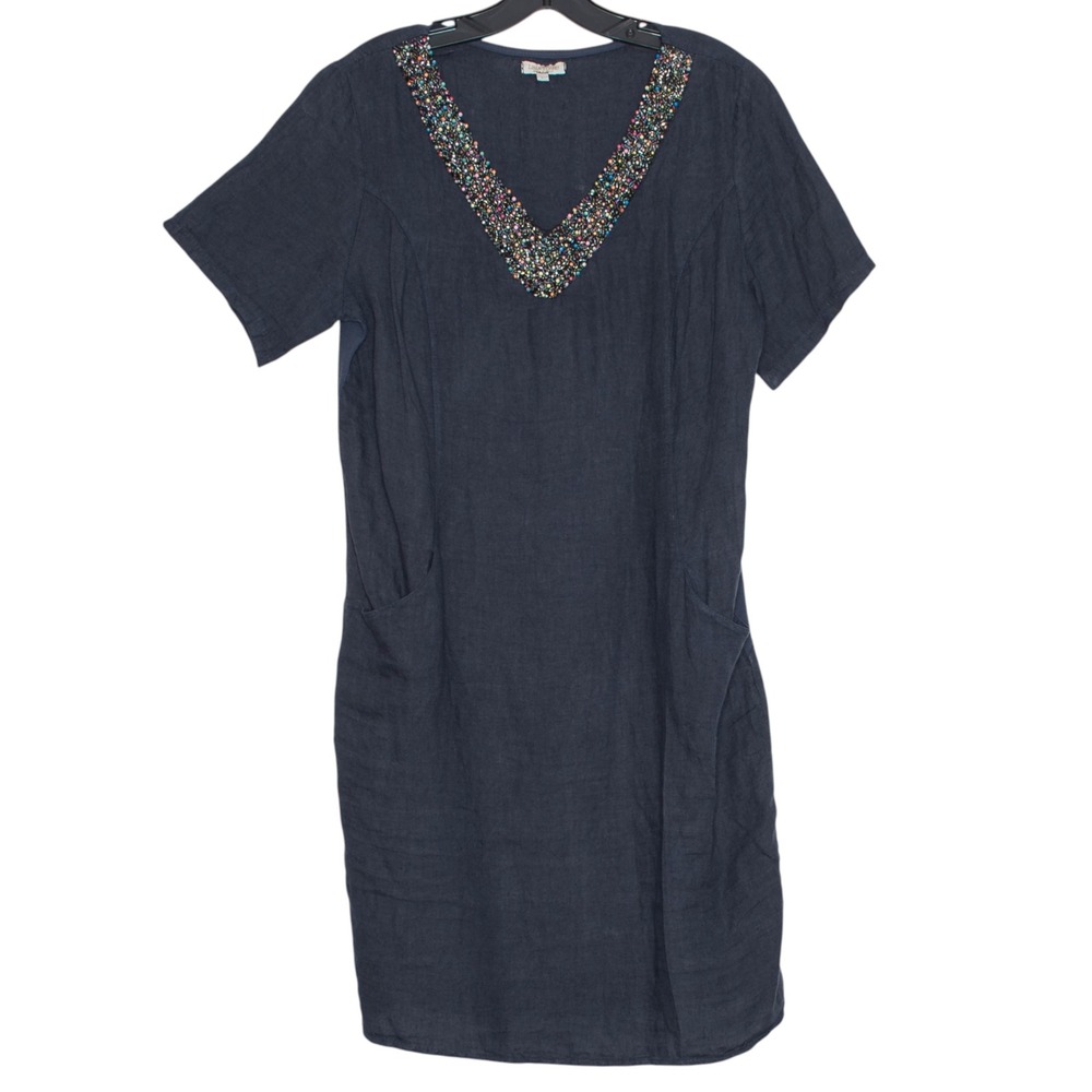 Lina Tomei Dress Linen Beaded Lagenlook Quiet Luxury Minimalist Artsy Navy Large